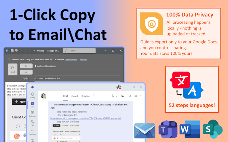 1-Click Copy feature demonstration - showing how instructions can be instantly shared via email and team chat